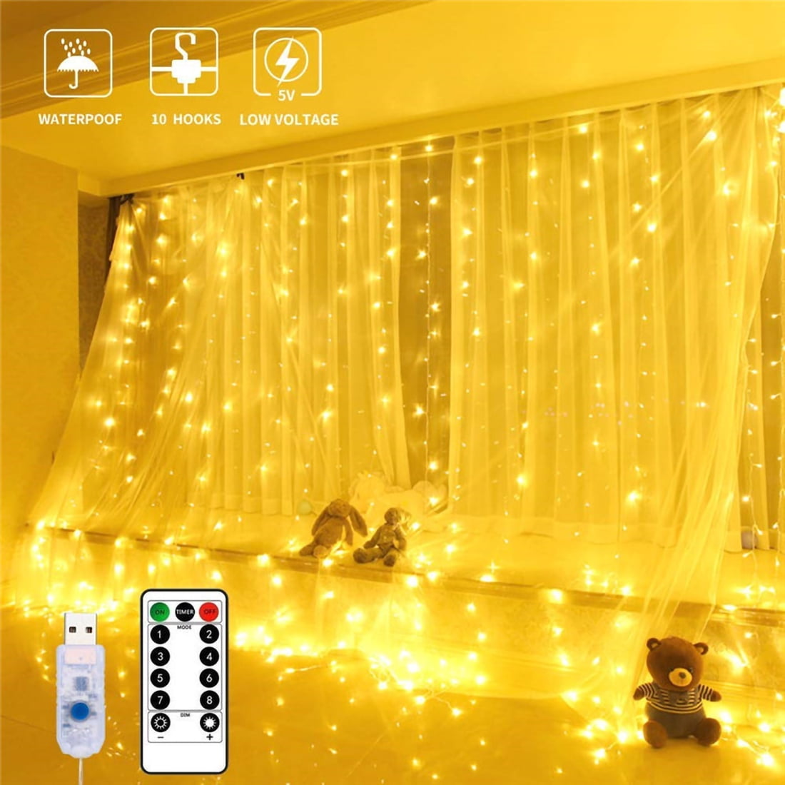2 Pack Warm White 300LED Curtain Fairy Lights, LED Curtain Lights Indoor Waterfall Fairy String