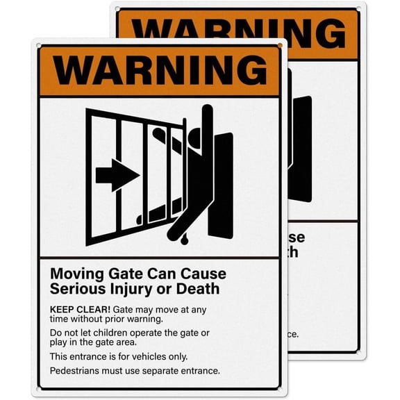 2 Pack Warning Moving Gate Can Cause Serious Injury Or Death Signs 12"x 8" Inches Pre-Drilled Holes Waterproof Sign Aluminum Metal Reflective Signage for Business Road Yard