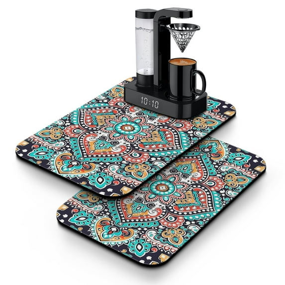 2 Pack Washable Rubber Bohemian Vintage Floral Dish Drying Mats for Kitchen Counter Home Large Coffee Bar Pad Accessories and Decor for Utensils Stemware (2pcs 19.5''x12'')