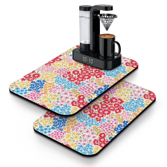 2 Pack Washable Rubber Bohemian Vintage Floral Dish Drying Mats for Kitchen Counter Home Large Coffee Bar Pad Accessories and Decor for Utensils Stemware (2pcs 19.5''x12'')