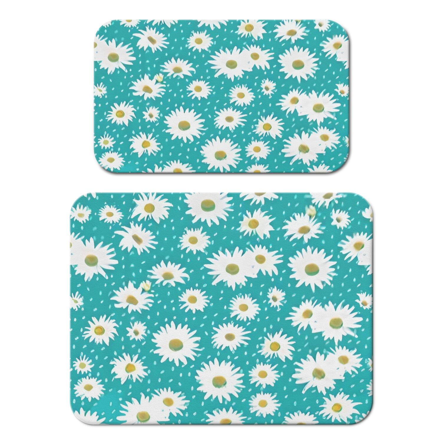 2 Pack Washable Rubber Daisy Cute Floral Dish Drying Mats for Kitchen Counter Home Large Coffee Bar Pad Accessories and Decor for Utensils Stemware (2pcs 18''x24''+19.5''x12'')