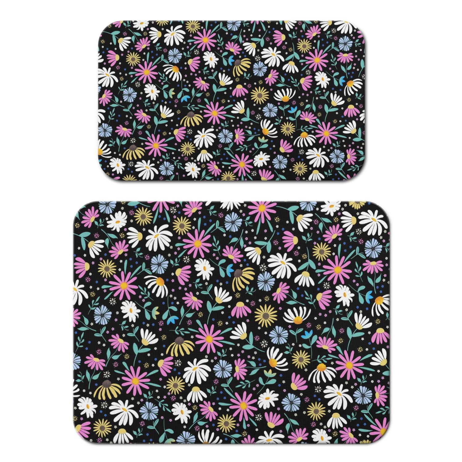 2 Pack Washable Rubber Daisy Cute Floral Dish Drying Mats for Kitchen Counter Home Large Coffee Bar Pad Accessories and Decor for Utensils Stemware (2pcs 18''x24''+19.5''x12'')
