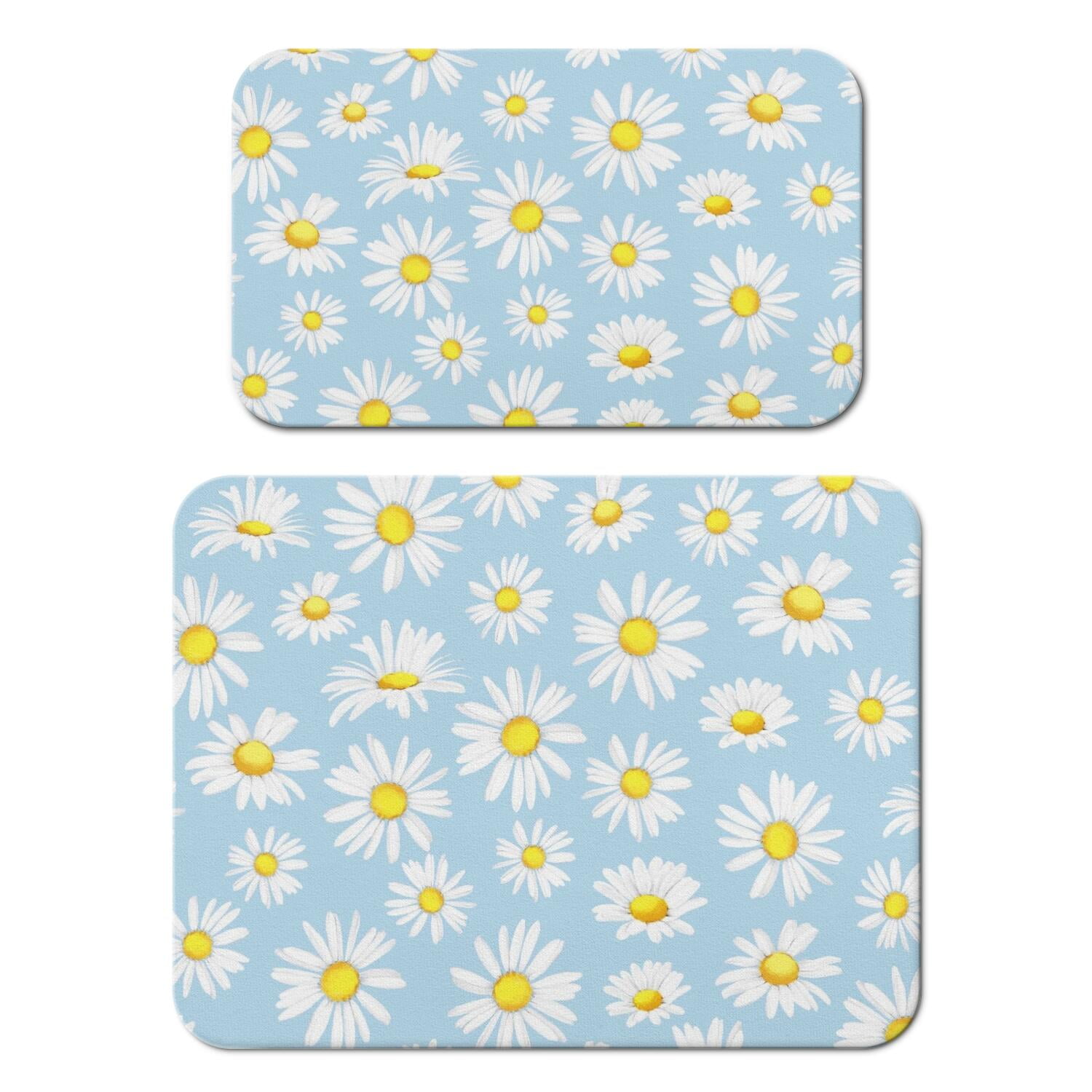 2 Pack Washable Rubber Daisy Cute Floral Dish Drying Mats for Kitchen Counter Home Large Coffee Bar Pad Accessories and Decor for Utensils Stemware (2pcs 18''x24''+19.5''x12'')