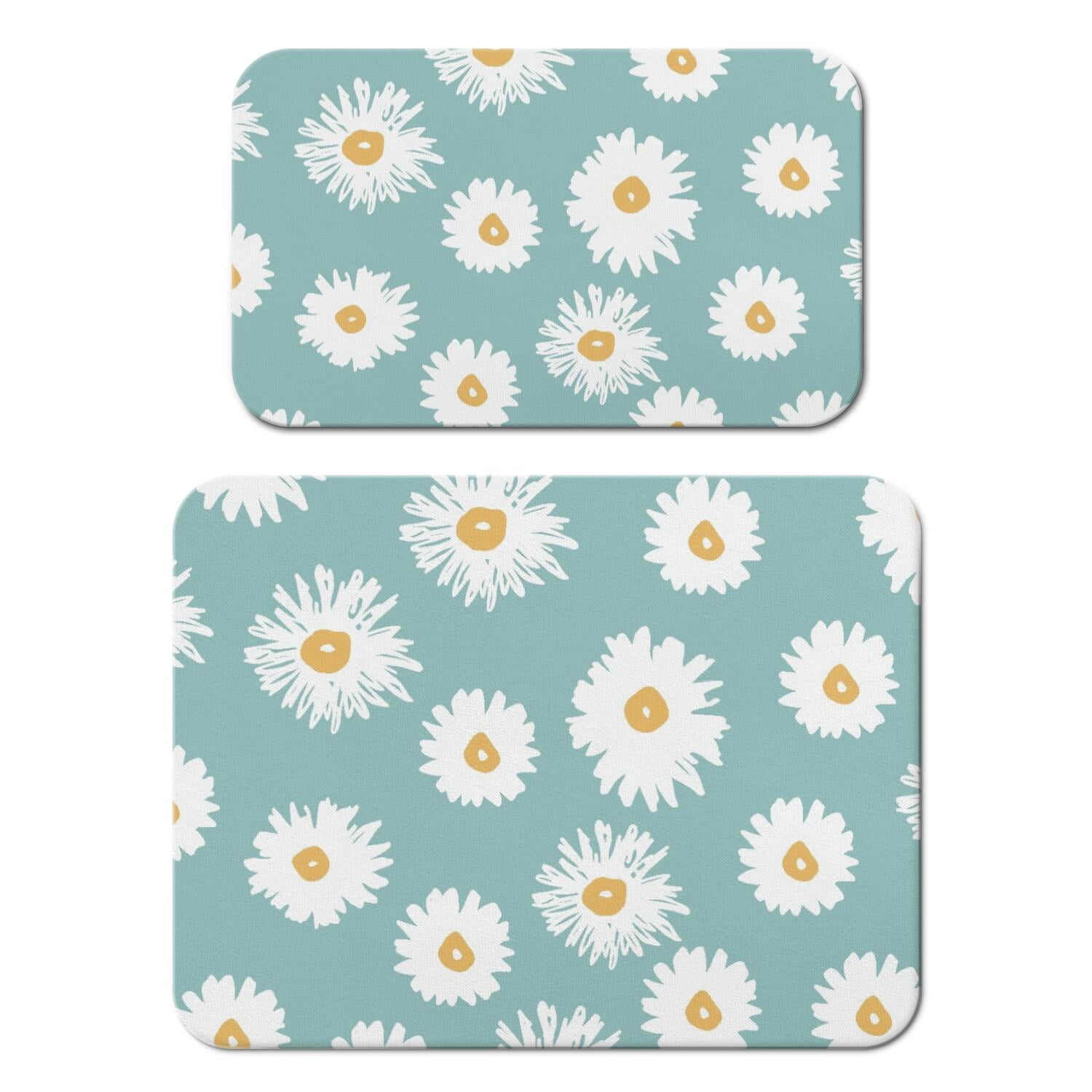 2 Pack Washable Rubber Daisy Cute Floral Dish Drying Mats for Kitchen Counter Home Large Coffee Bar Pad Accessories and Decor for Utensils Stemware (2pcs 18''x24''+19.5''x12'')