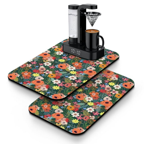 2 Pack Washable Rubber Multicolored Flower Leaves Dish Drying Mats for Kitchen Counter Home Large Coffee Bar Pad Accessories and Decor for Utensils Stemware (2pcs 19.5''x12'')