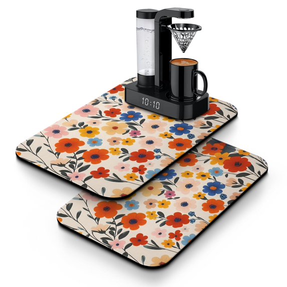2 Pack Washable Rubber Multicolored Flower Leaves Dish Drying Mats for Kitchen Counter Home Large Coffee Bar Pad Accessories and Decor for Utensils Stemware (2pcs 19.5''x12'')
