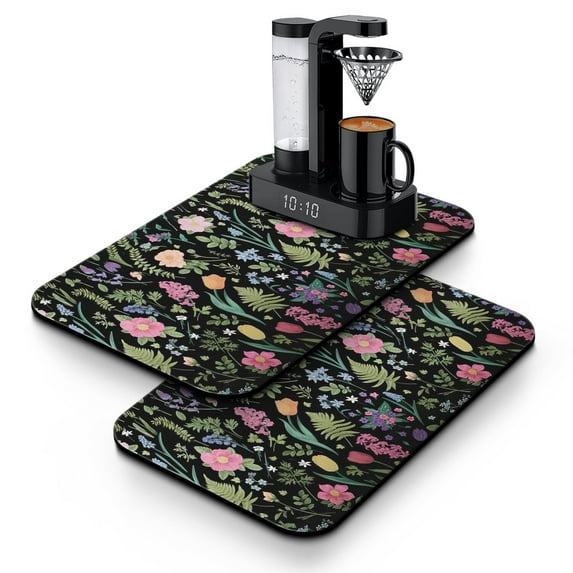 2 Pack Washable Rubber Multicolored Flower Leaves Dish Drying Mats for Kitchen Counter Home Large Coffee Bar Pad Accessories and Decor for Utensils Stemware (2pcs 19.5''x12'')