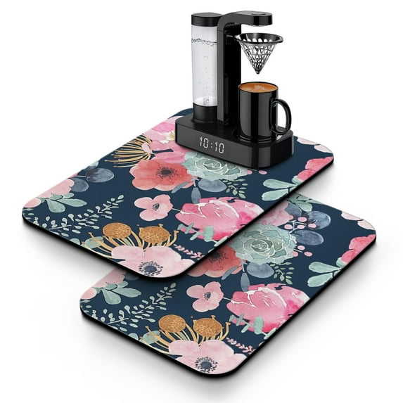 2 Pack Washable Rubber Multicolored Flower Leaves Dish Drying Mats for Kitchen Counter Home Large Coffee Bar Pad Accessories and Decor for Utensils Stemware (2pcs 19.5''x12'')