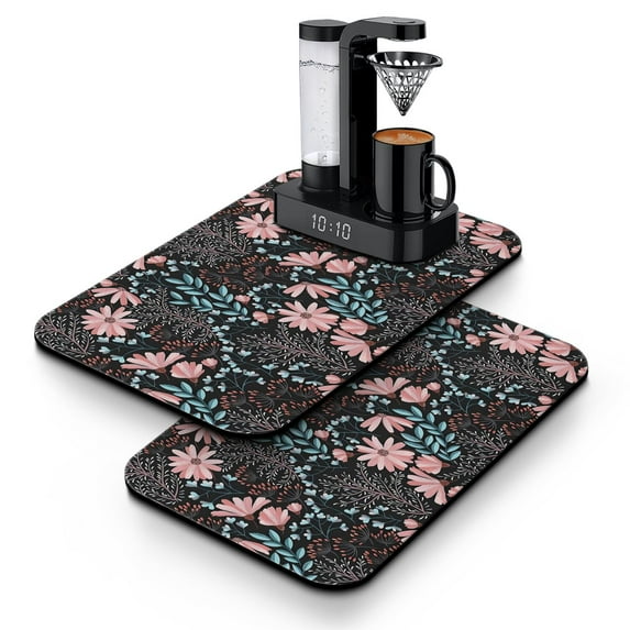 2 Pack Washable Rubber Multicolored Flower Leaves Dish Drying Mats for Kitchen Counter Home Large Coffee Bar Pad Accessories and Decor for Utensils Stemware (2pcs 19.5''x12'')