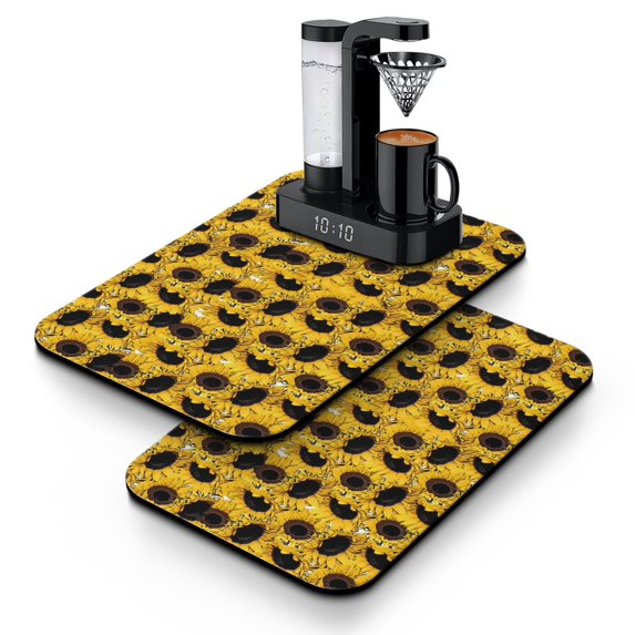 2 Pack Washable Rubber Sunflower Cute Floral Dish Drying Mats for Kitchen Counter Home Large Coffee Bar Pad Accessories and Decor for Utensils Stemware (2pcs 19.5''x12'')