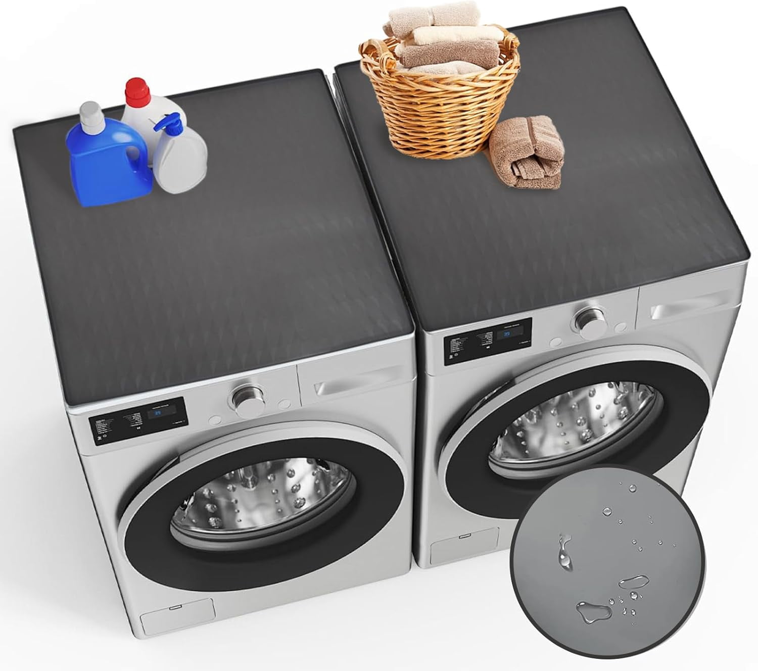 2 Pack Washer and Dryer Covers for the Top 25.6x23.6''Washer Dryer Countertop Silicone Mat with Raised Edge Protector Mat for Top of Dryer and Washing Machine Topper Non-Slip Rubber Mat (Grey)