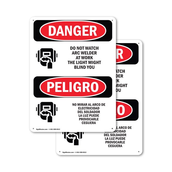 (2 Pack) Do Not Watch Arc Welder At Work Bilingual OSHA Danger Sign 18 Inch X 24 Inch Plastic Sign, Weather Resistant, UV Protected for Workplace, Business, and Construction Site, Made