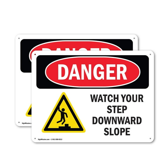 (2 Pack) Watch Your Step Downward Slope OSHA Danger Sign 14 Inch X 10 Inch Indoor / Outdoor Rust-Free Aluminum Metal Signs for Workplace, Workshop, and Construction Site, Made in the