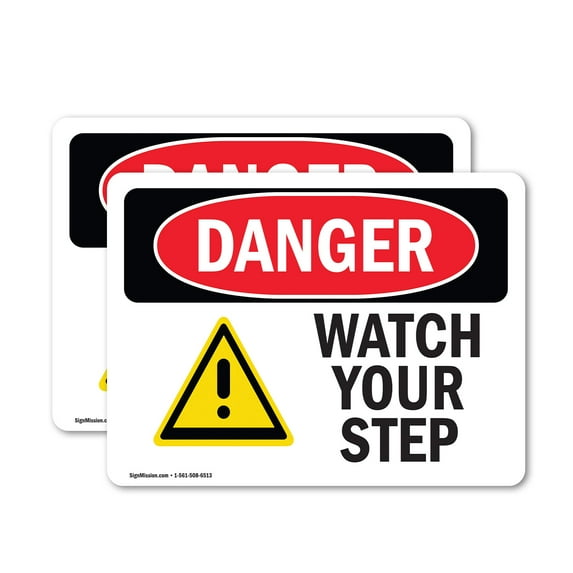 (2 Pack) Watch Your Step OSHA Danger Sign 7 Inch X 5 Inch Vinyl Label Decal Sticker Weather Resistant, UV Protected for Workplace, Business, and Construction Site, Made in the USA