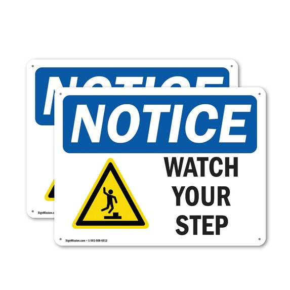 (2 Pack) Watch Your Step OSHA Notice Sign 10 Inch X 7 Inch Plastic Sign, Weather Resistant, UV Protected for Workplace, Business, and Construction Site, Made in the USA
