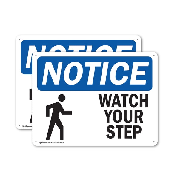 (2 Pack) Watch Your Step OSHA Notice Sign 14 Inch X 10 Inch Plastic Sign, Weather Resistant, UV Protected for Workplace, Business, and Construction Site, Made in the USA