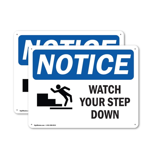 (2 Pack) Watch Your Step Down OSHA Notice Sign 14 Inch X 10 Inch Plastic Sign, Weather Resistant, UV Protected for Workplace, Business, and Construction Site, Made in the USA