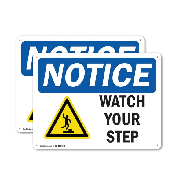 (2 Pack) Watch Your Step OSHA Notice Sign 14 Inch X 10 Inch Plastic Sign, Weather Resistant, UV Protected for Workplace, Business, and Construction Site, Made in the USA