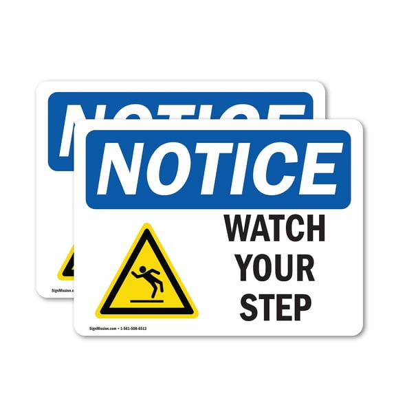 (2 Pack) Watch Your Step Sign With Symbol OSHA Notice Sign 5 Inch X 3.5 Inch Vinyl Label Decal Sticker Weather Resistant, UV Protected for Workplace, Business, and Construction Site,