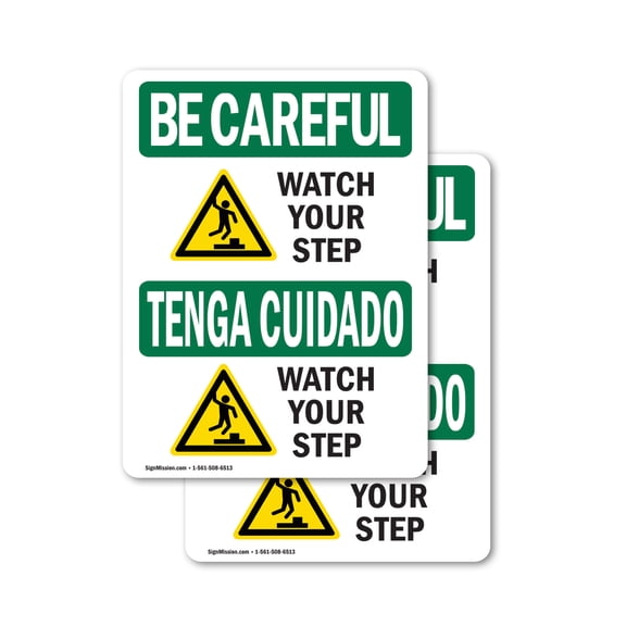 (2 Pack) Watch Your Step With Symbol Bilingual OSHA Be Careful Sign 18 Inch X 24 Inch Plastic Sign, Weather Resistant, UV Protected for Workplace, Business, and Construction Site, Made