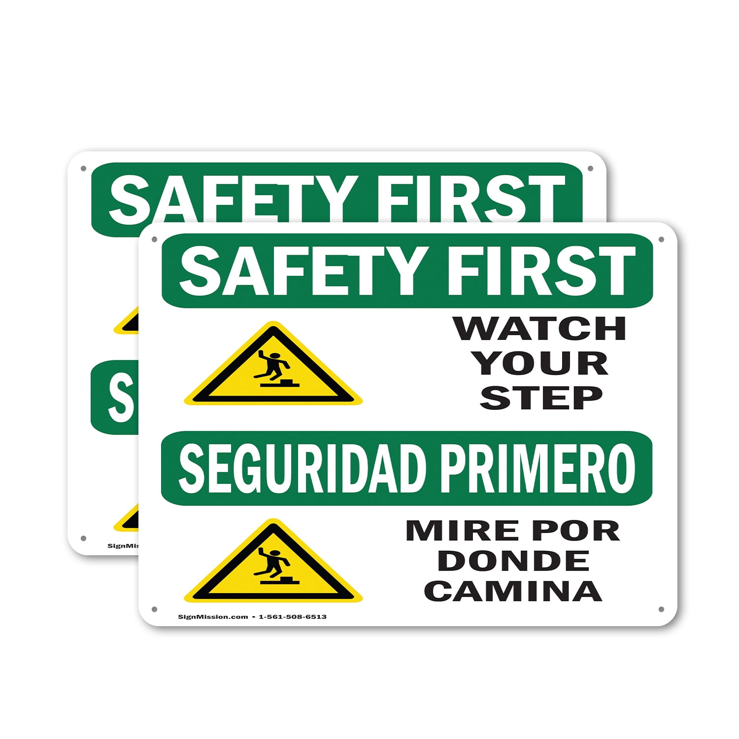(2 Pack) Watch Your Step With Symbol Bilingual OSHA Safety First Sign ...