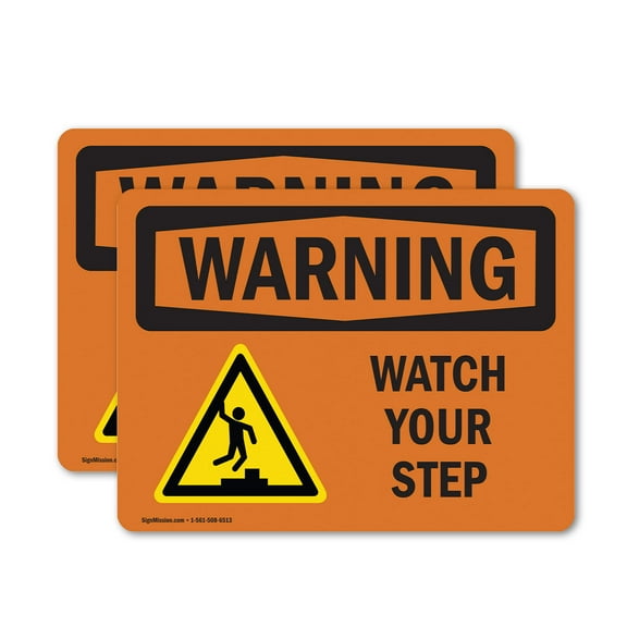 (2 Pack) Watch Your Step With Symbol OSHA Warning Sign 18 Inch X 12 Inch Vinyl Label Decal Sticker Weather Resistant, UV Protected for Workplace, Business, and Construction Site, Made