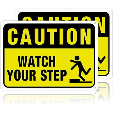 2 Pack Watch Your Step Caution Sign 7x10 inches 30 Mil Aluminum Security Warning Signs for Stairs or Platforms UV Protected and Waterproof