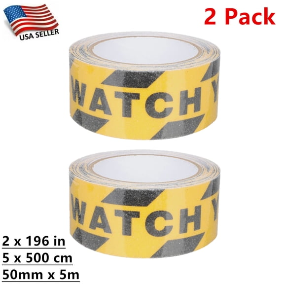 2 Pack Watch Your Step Safety Floor Tape 2 x 196 Inch Non Slip Warning Adhesive Tape for Stairs Walkways Ramps, Indoor Outdoor Anti Skid Grip Strip