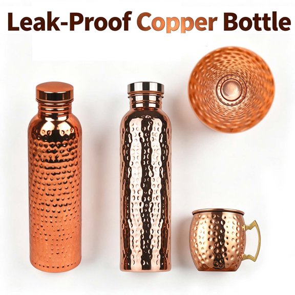 2 Pack Copper Water Bottle (30oz/800ml) 100% Pure Handmade Hammered Ayurvedic Pure Copper Vessel for Drinking Heavy Duty & Leak-proof _ Bronze