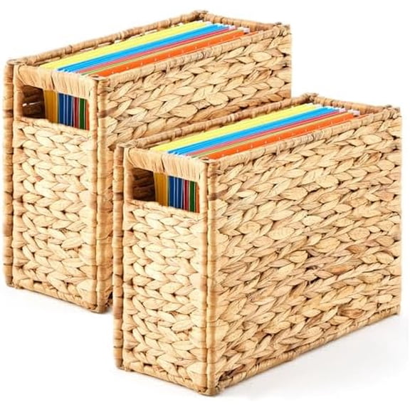 2 Pack Water Hyacinth Hanging File Box 14.5 x 6 x 10.8 Inch Decorative File Basket Woven Document Organizer with Handle Collapsible Letter Size Filing for Office Home Storage Decor$$Office
