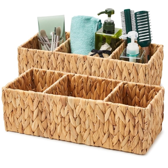 2 Pack Water Hyacinth Wicker Baskets, Wicker Toilet Basket,Rectangular 14.6" Wicker Basket with 3-Section , Toilet Paper Basket for Toilet,Wicker Basket for Shelves, Woven Storage Baskets for Home