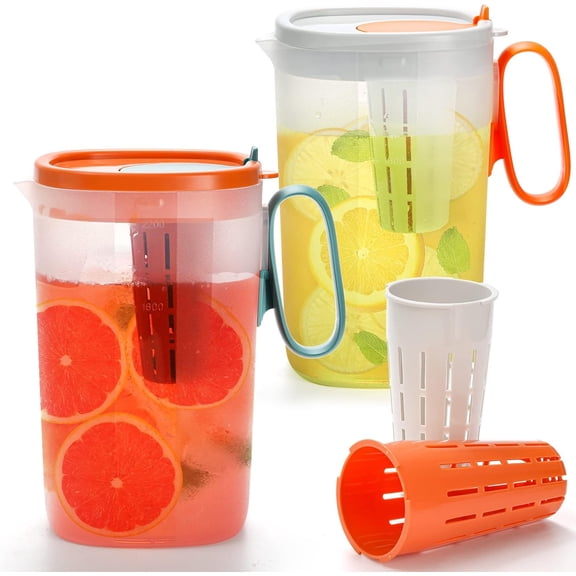 2 Pack Water Infuser Pitcher, 74 oz Plastic Water Pitcher with Lid and Fruit Infuser, Shatter-Proof Water Jug Fruit Infusion Pitcher for Iced Tea, Lemonade, Juice, Beverage, Milk
