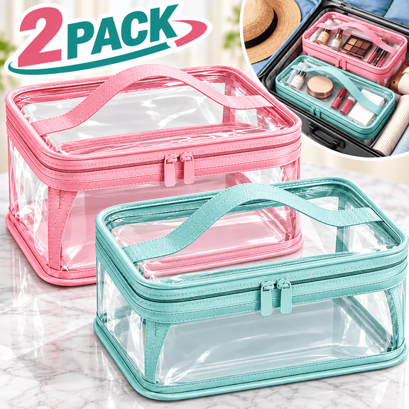 2 Pack Travel Toiletry Bags, Big Water-resistant Clear Makeup Bag, Leakproof Nylon Toiletry Bag with Handle Transparent and Double Zipper, Pouch for oiletries, Makeup, Jewelry Storage