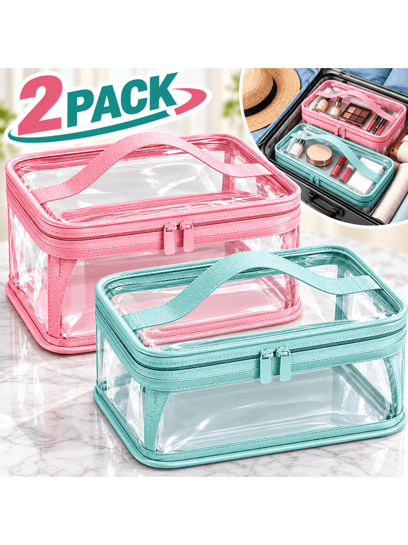 2 Pack Travel Toiletry Bags, Big Water-resistant Clear Makeup Bag, Leakproof Nylon Toiletry Bag with Handle Transparent and Double Zipper, Pouch for oiletries, Makeup, Jewelry Storage