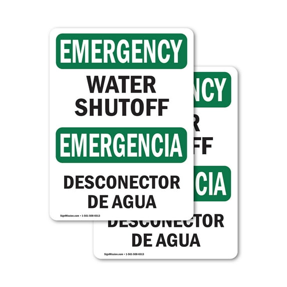 (2 Pack) Water Shutoff Bilingual OSHA Emergency Sign 12 Inch X 18 Inch Vinyl Label Decal Sticker Weather Resistant, UV Protected for Workplace, Business, and Construction Site, Made in