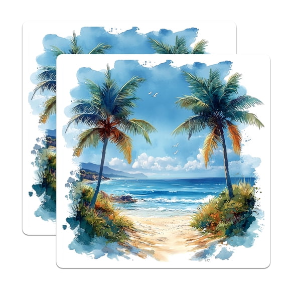 (2 Pack) Watercolor Beach Magnets - Tropical Palm Tree Ocean View - Coastal Fridge Decor - Summer Aesthetic Art - 5 Inches On Longest Side - Thick Durable Magnet - Made in USA - MAG30606