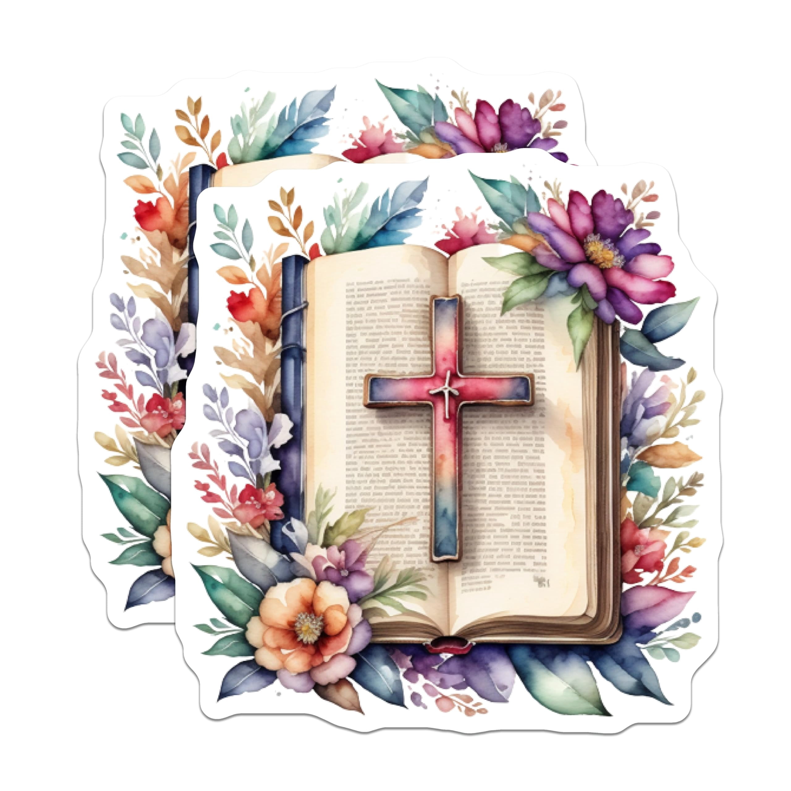 (2 Pack) Watercolor Christian Cross Stickers - Open Bible Floral Decal ...