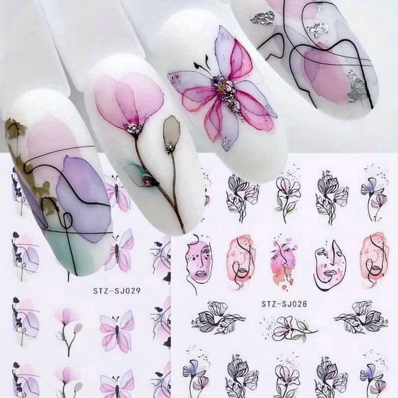 2 Pack Watercolor Floral Abstract Face Nail Art Stickers with 3D Butterfly Elements for Stunning Manicures
