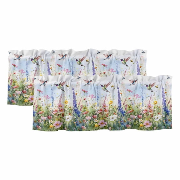 2 Pack Watercolor Flower Valance for Window Hummingbird Hand-painted Flowers Bird Kitchen Valance Rod Pocket Short Curtain Topper Decorative Window Treatment for Living Room Bedroom 42"x12"