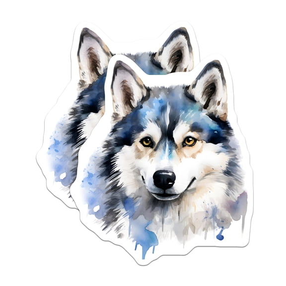 (2 Pack) Watercolor Wolf Stickers - Husky Dog Art Decal - Wild Spirit Animal - 5" On Longest Side - Sticks to Smooth Flat Surfaces - Made in USA - BMCS25271