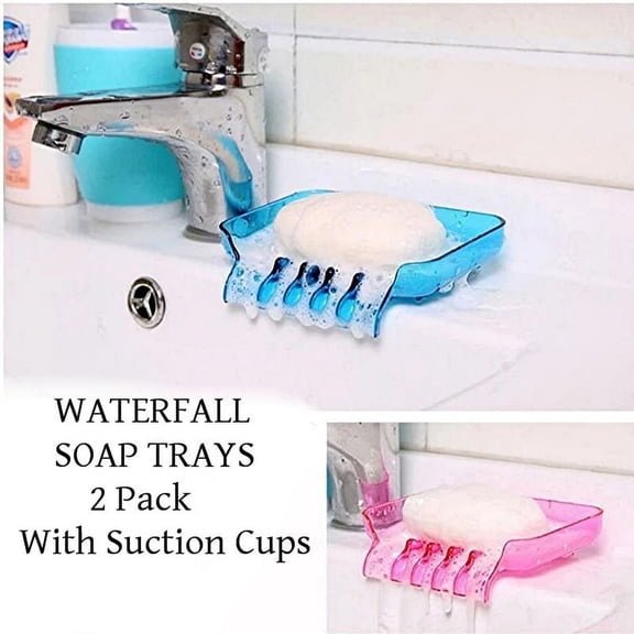 2 Pack Waterfall Soap Dish Set with Suction Cups – Plastic Drain Trays for Sink or Bathtub – Pink & Blue Soap Dishes by Dependable Industries