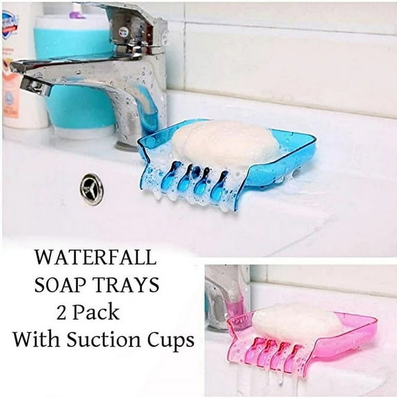 2 Pack Waterfall Soap Dish Set with Suction Cups – Plastic Drain Trays for Sink or Bathtub – Pink & Blue Soap Dishes by Dependable Industries