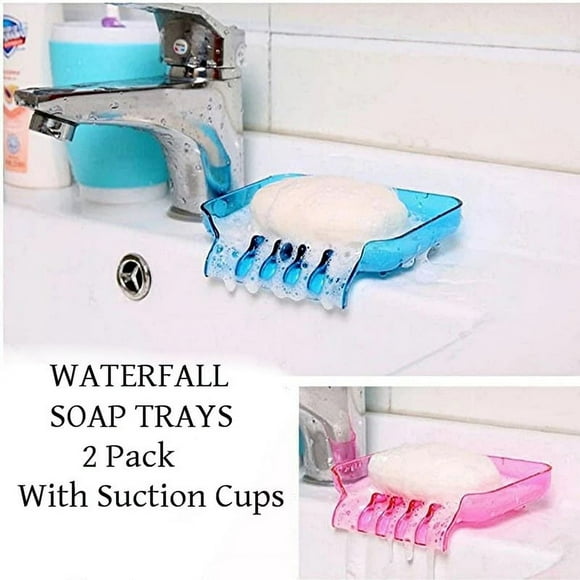 2 Pack Waterfall Soap Dish Set with Suction Cups  Plastic Drain Trays for Sink or Bathtub  Pink & Blue Soap Dishes by Dependable Industries