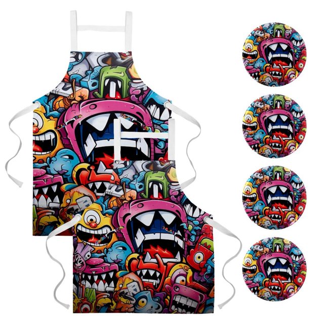 2 Pack Waterproof Apron Dress with Pockets and Badge Button Pin Set