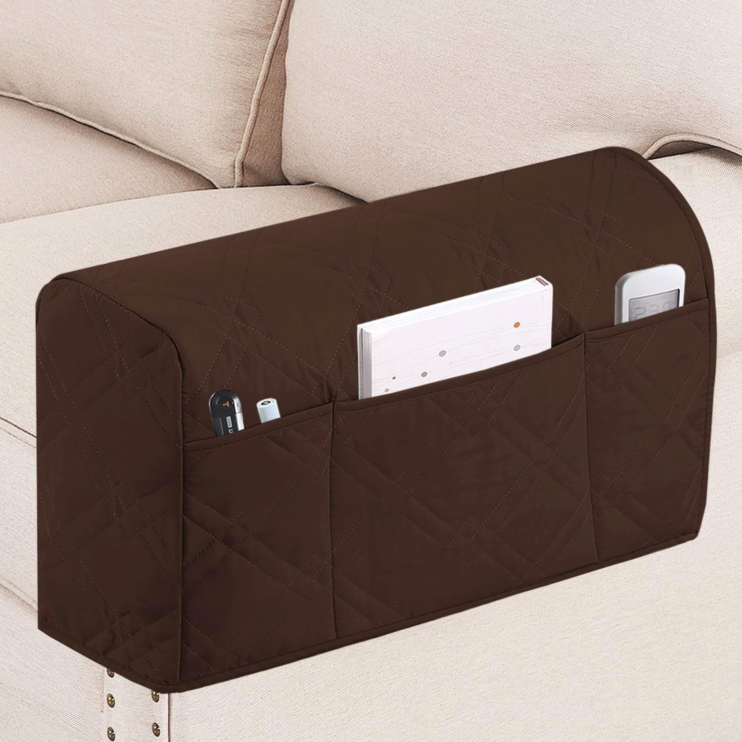 2 Pack Waterproof Armrest Covers for Chairs and Sofas Armrest Covers Couch Arm Covers for Sofa with Side Pocket Anti-Slip Furniture Protector Washable Armrest Slipcovers(Brown)