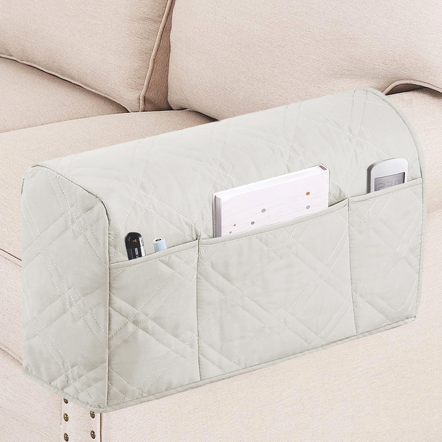 2 Pack Waterproof Armrest Covers for Chairs and Sofas Armrest Covers Couch Arm Covers for Sofa with Side Pocket Anti-Slip Furniture Protector Washable Armrest Slipcovers(Beige)