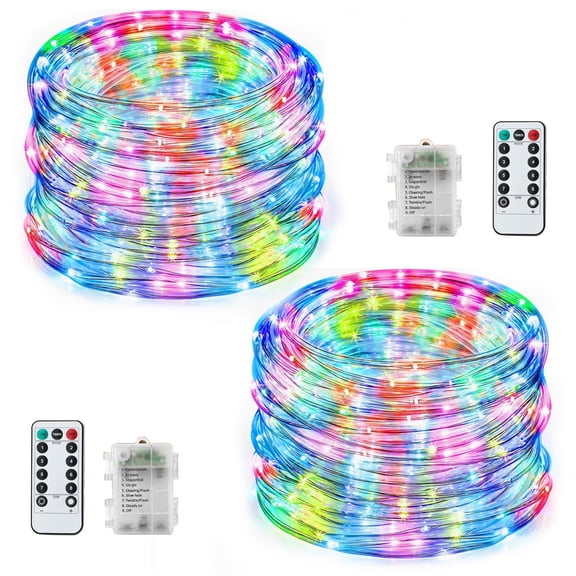 2 Pack Waterproof Battery Operated Rope Lights,Christmas String Lights with Remote Control for Outdoor Indoor Decorations, MultiColor(17FT 50 LEDs)