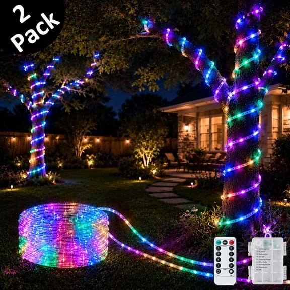 2 Pack Waterproof Battery Operated Rope Lights,Christmas String Lights with Remote Control for Outdoor Indoor Decorations, MultiColor(17FT 50 LEDs)