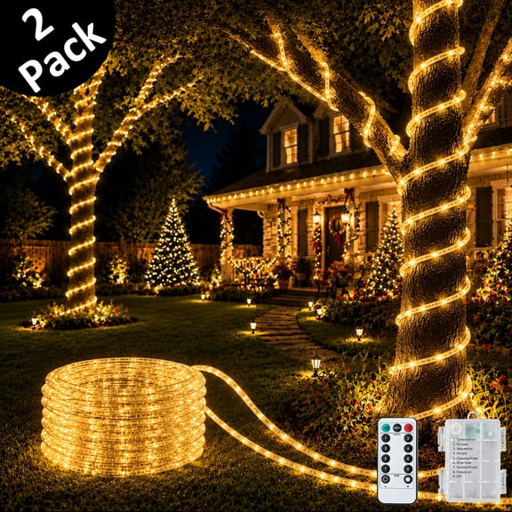 2 Pack Waterproof Battery Operated Rope Lights,Christmas String Lights with Remote Control for Outdoor Indoor Decorations, Warm White(17FT 50 LEDs)