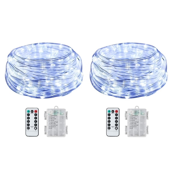 2 Pack Waterproof Battery Operated Rope Lights,Christmas String Lights with Remote Control for Outdoor Indoor Decorations, White(17FT 50 LEDs)
